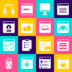Set Software, MySQL code, Browser with shield, Computer monitor screen, Create account, Headphones and files icon. Vector