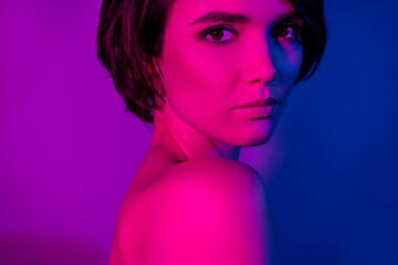 Side profile photo portrait calm girl with naked shoulders wearing bob hairdress isolated neon...