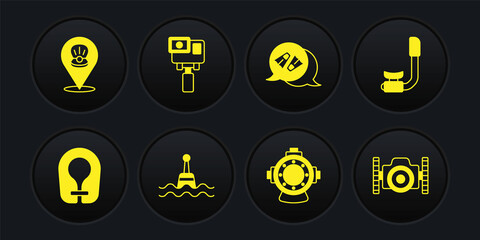 Set Life jacket, Snorkel, Floating buoy, Aqualung, Flippers for swimming, Action extreme camera, Photo diver and Scallop sea shell icon. Vector