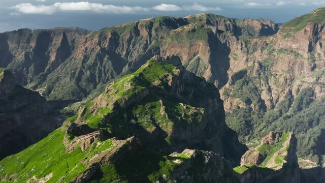 Madeira Islands, Portugal. Aerial view of indescribable landscapes as seen from a peak. Astonishing beautiful landscapes with exuberant and diversified flora. High quality 4k footage