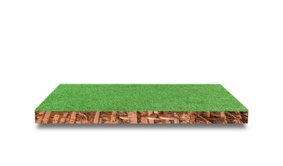 Soil cubic cross section with green grass field isolated on white background.