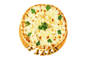 Three cheese pizza on wooden plate isolated on white. Top view.