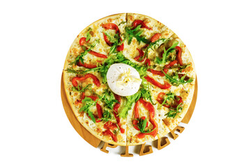 Pizza with mozzarella, greens and egg isolated on white. Top view.