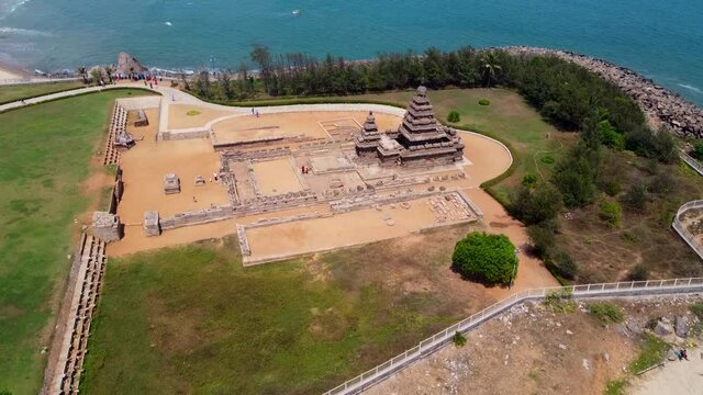 Arial view of Shore Temple of Mahabalipuram. The Shore Temple is so named because it overlooks the shore of the Bay of Bengal. It is located near Chennai in Tamil Nadu.