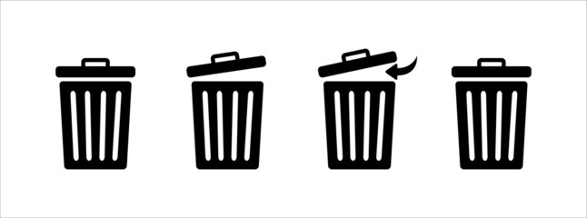 Trash bin with its lid icon set. Open trash bin vector sign.