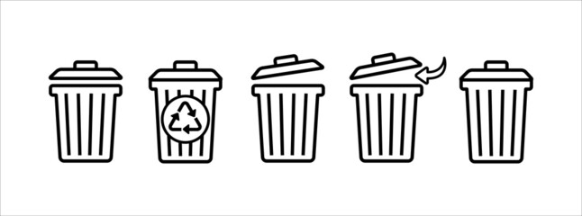 Recycle trash bin with its lid icon set. Open trash bin vector sign.