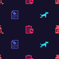 Set Dog pooping, Medical certificate for dog or cat, Clinical record pet and Cat medicine bottle and pills on seamless pattern. Vector