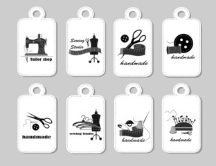 A set of tags with sewing tools. Scissors and buttons, a centimeter and a mannequin, hangers and a sewing machine. Vector illustration. For tailor shops, sewing shops, tailors and handicrafts, fashion