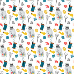 Pattern with sewing tools - buttons, needles and centimeter, thimble. Vector illustration isolated on white background. For use in packaging, prints, covers and flyers, textile design, fabric stores