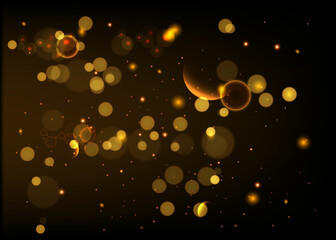 Abstract golden shiny  bokeh glitter on dark black background