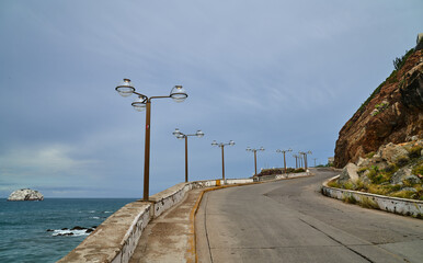 Scenic View of Mazatlán Mexico Bay Coastal Road with Streetlights 