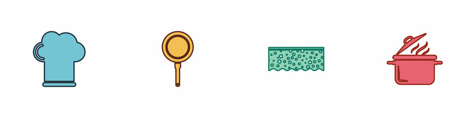 Set Chef hat, Frying pan, Sponge with bubbles and Cooking pot icon. Vector