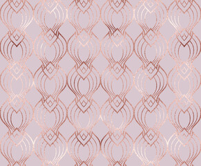 Art deco seamless pattern with rose gold decorative bud flowers shapes.