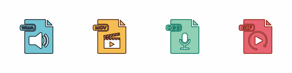 Set WMA file document, MOV, OGG and GIF icon. Vector