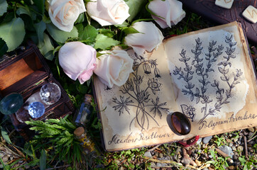 Beautiful roses and open diary with botanical drawings in the garden.