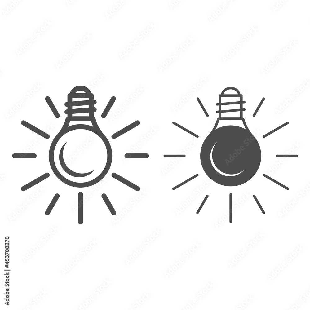 Poster electric lamp, bulb with sun beams line and solid icon, electricity concept, source of light vector 