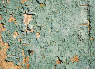 Grungy teal texture of paint peeling of wooden material 