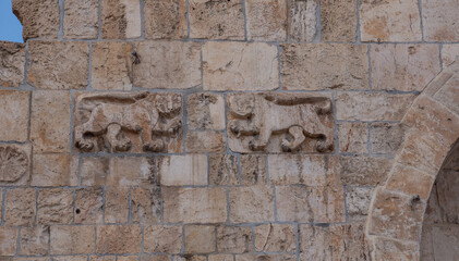 Israel, Jerusalem, Old Town, Lion's gate. Decor on the stone wall near the entrance