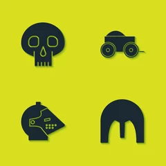 Fotobehang Set Skull, Medieval iron helmet, and Wooden four-wheel cart icon. Vector © vector_v