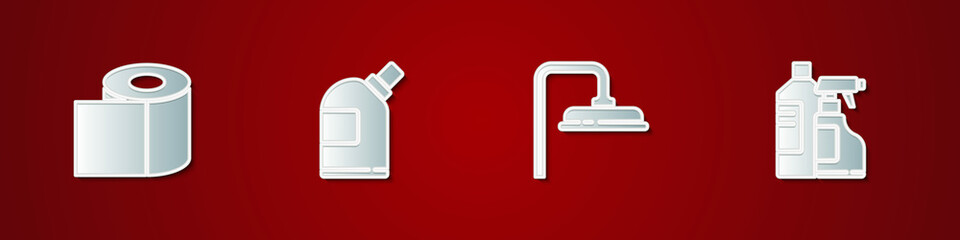 Set Toilet paper roll, Bottles for cleaning agent, Shower head and icon. Vector