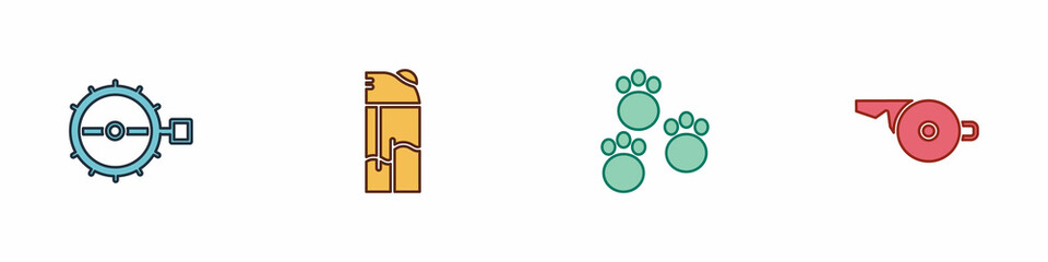 Set Trap hunting, Lighter, Paw print and Whistle icon. Vector