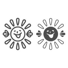 Sun with smiley face, beams and hands line and solid icon, weather concept, sunshine smiles vector sign on white background, outline style icon for mobile concept and web design. Vector graphics.