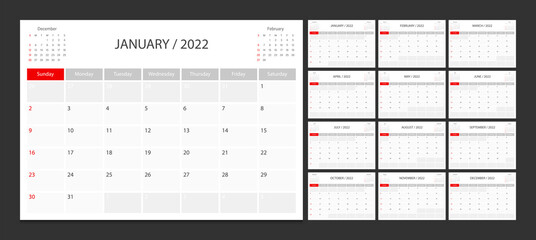 Calendar 2022 week start Sunday corporate design planner template.	