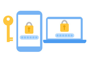 Lock and password.Phone, laptop and key.Data security access.Login and logout.Concept of setting up protection.Sign, symbol, icon or logo isolated.Cartoon vector illustration.Flat design.