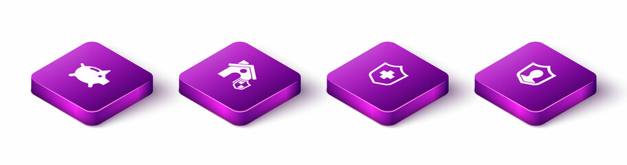 Set Isometric Piggy bank, House with shield, Health insurance and Life icon. Vector