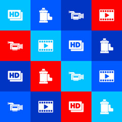 Set Hd movie, tape, frame, Camera film roll cartridge, Cinema camera and Play Video icon. Vector