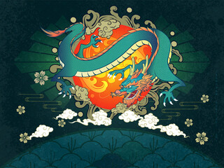 Japanese Scene Abstract Art Dragon Flying on Red Gradient Sun with Water Splash Icon Floating Surrounded with Golden Clouds and Sharp Radiant on Curvy Bush Pattern Ground and Diamond Pattern Design