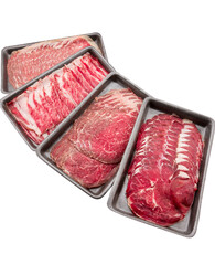 Group of mix raw beef. Sliced raw beef place in a row on a black plastic tray isolated on a white background. Sliced ​​meat for cooking, fresh meat for grilling, yakiniku, sukiyaki or shabu.