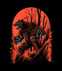 angry werewolf on red blood moon Illustration