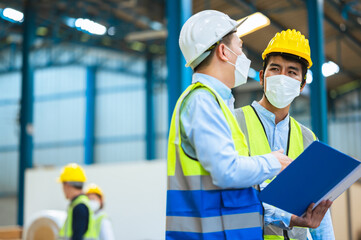 Team engineers and foreman wear a mask, hard hat, and vest. Standing, consult discuss industrial production management through data files with in mask factory. Employees working in the background.