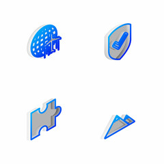 Set Isometric line Shield with check mark, Globe flying plane, Piece of puzzle and Mountains icon. Vector