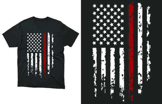 Thin Red Line Flag Vector T-shirt Design, American Patriot Firefighter Support Shirt