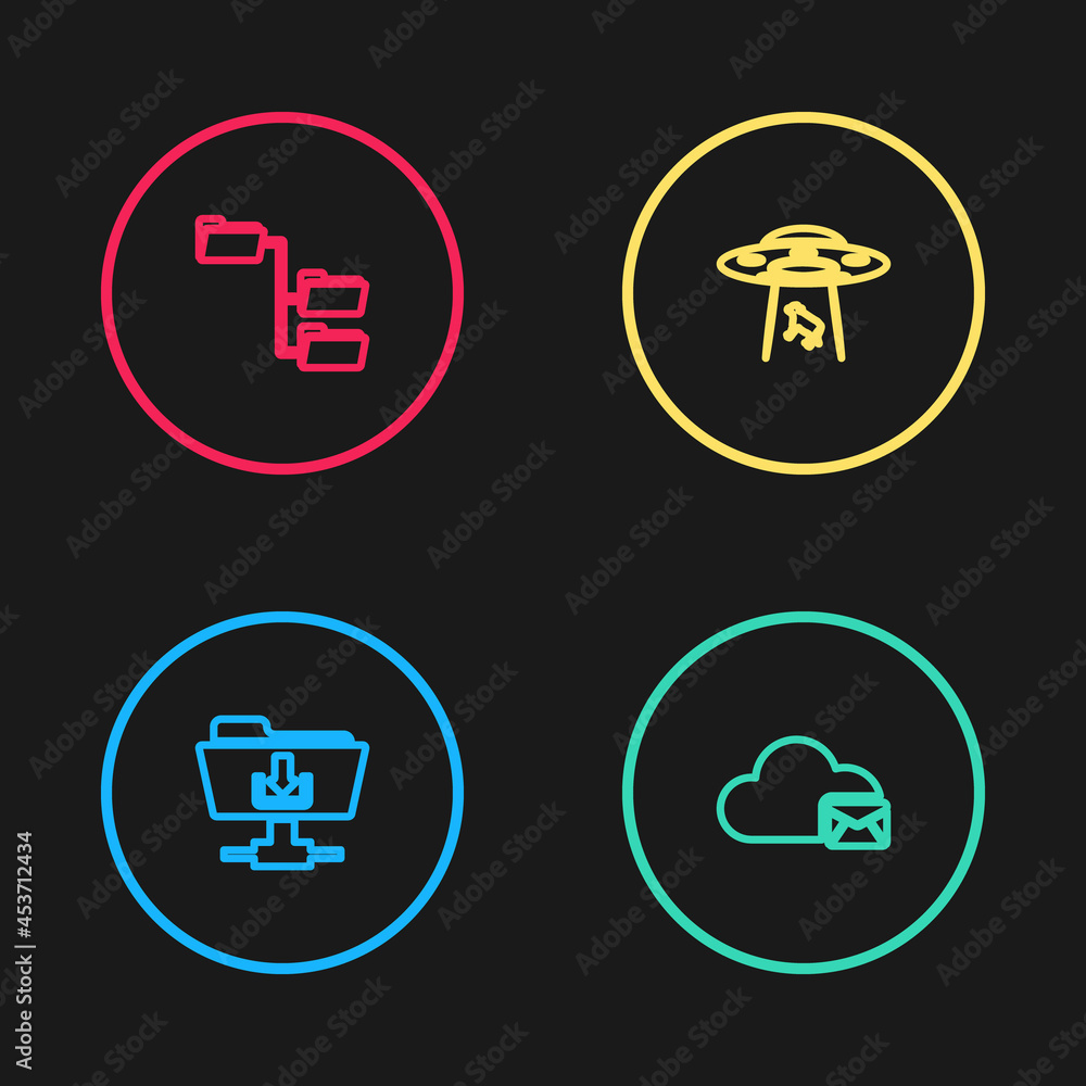 Poster set line ftp folder download, cloud mail server, ufo abducts cow and folder tree icon. vector