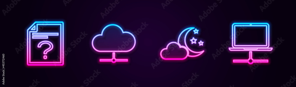 Poster set line unknown document, network cloud connection, cloud with moon and stars and computer network.