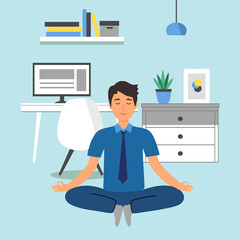 Businessman meditating in office concept vector illustration. Man doing zen meditation in lotus pose for mind relaxation.