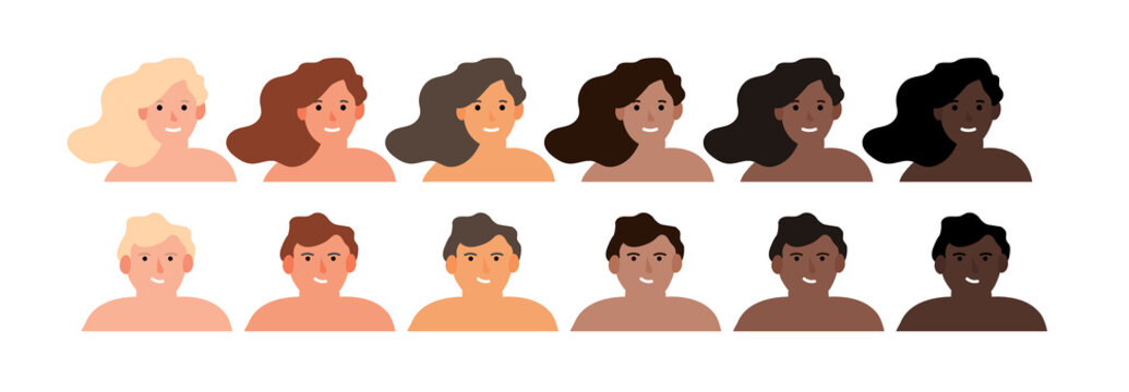 female and male different colors skin tone men and women portraits vector illustration