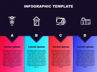 Set line Electric scooter, Retro wall watch, FTP folder and lock and Credit card with. Business infographic template. Vector