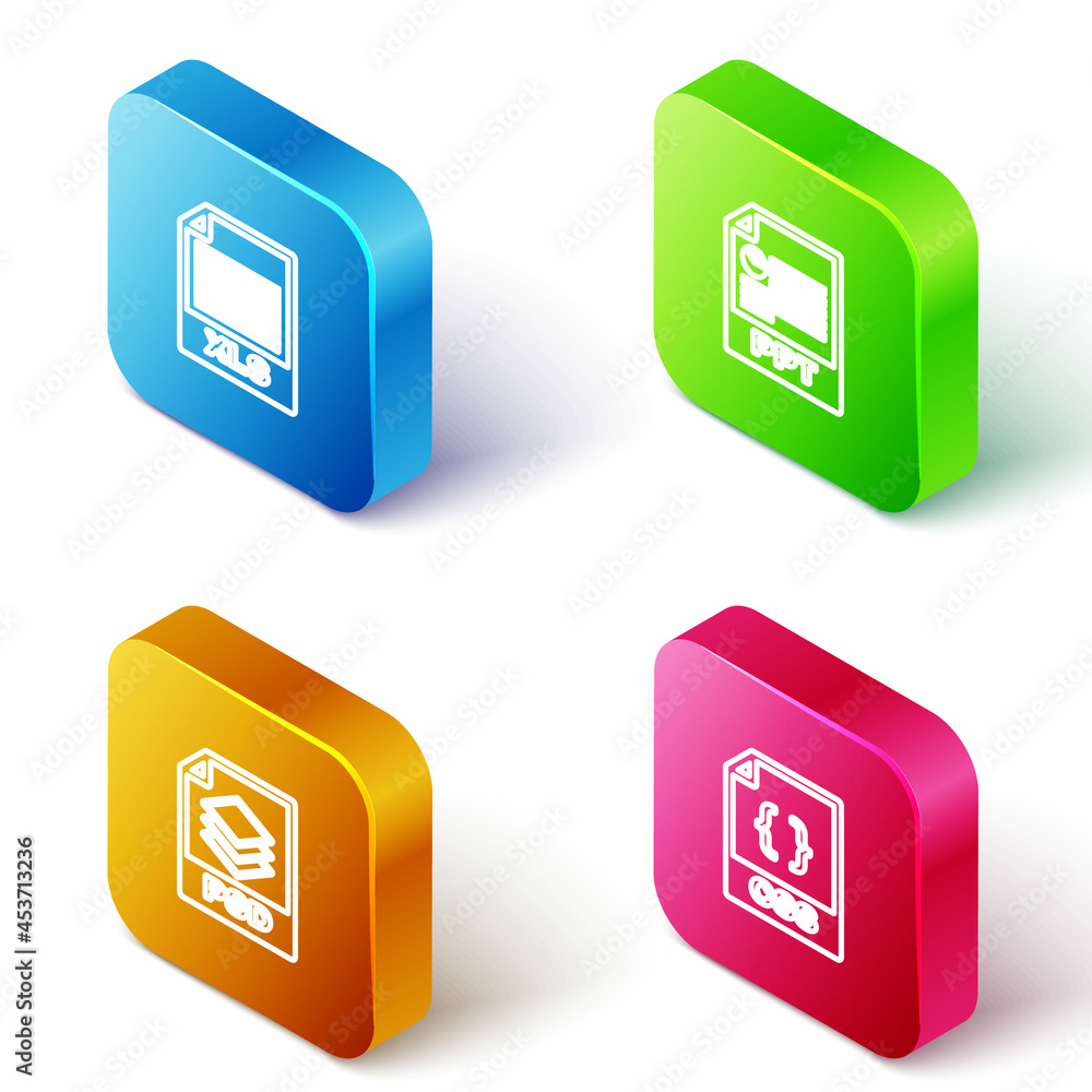 Poster set isometric line xls file document, ppt, psd and css icon. vector