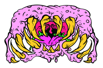 Monster teeth freehand drawing for printing on caps and t-shirts. Horror illustration for the Halloween. Vector isolated on a white background.  EPS 10.