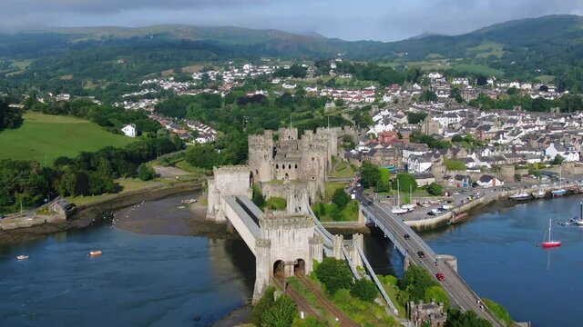Aerial view of Conway Castle, Gwynedd, North Wales, United Kingdom