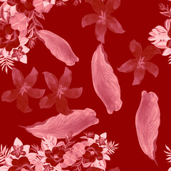 Scarlet Seamless Palm. Ruby Pattern Exotic. Coral Tropical Textile. Pink Flower Nature. Brown Flora Leaves. Spring Botanical. Summer Leaves.Floral Painting.