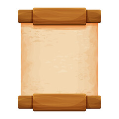 Wood planks with parchment paper in cartoon style isolated on white background. Frame, medieval panel, menu. Empty gui asset, signboard.