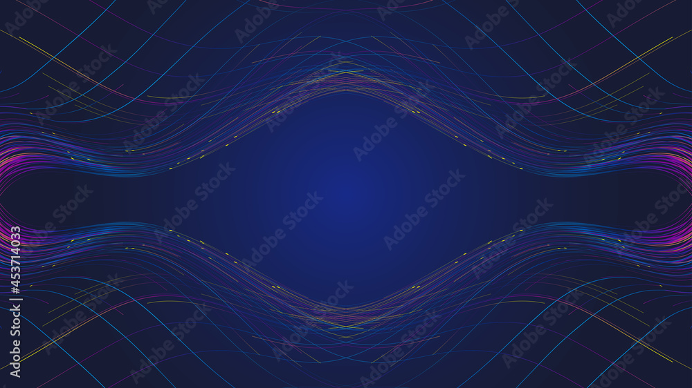 Poster the background of undulating abstract graphics is formed by crisscrossing colored dots and lines