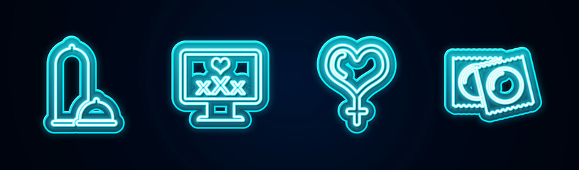 Set line Condoms safe sex, Monitor with 18 plus content, Female gender and heart and in package. Glowing neon icon. Vector