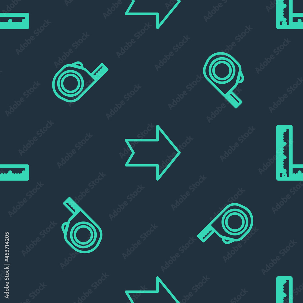 Poster set line arrow, roulette construction and folding ruler on seamless pattern. vector