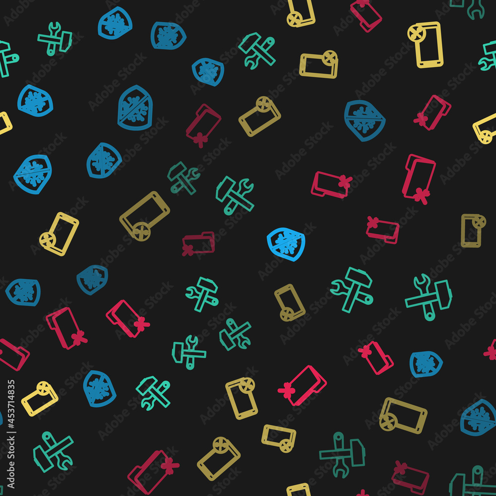 Poster set line stop virus, bacteria, crossed hammer and wrench, mobile service and folder on seamless patt